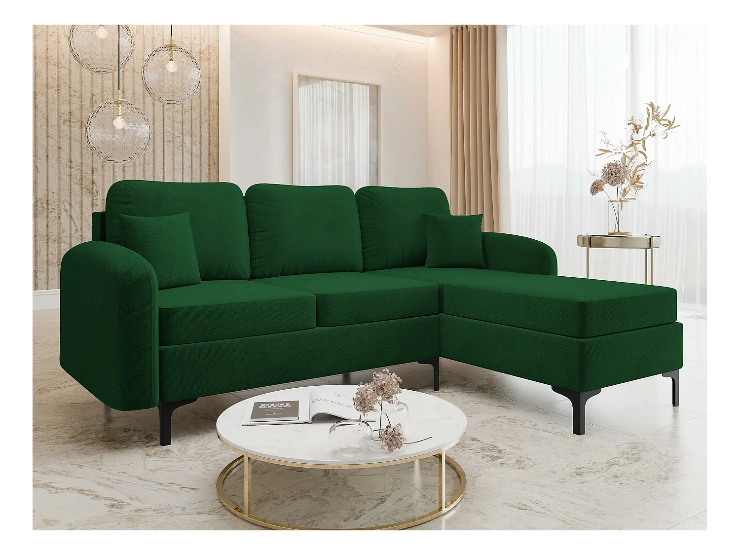 Canapé d'angle Torlua 103, Vert, Fonction de couchage, Boîte de literie, 225x172x96cm