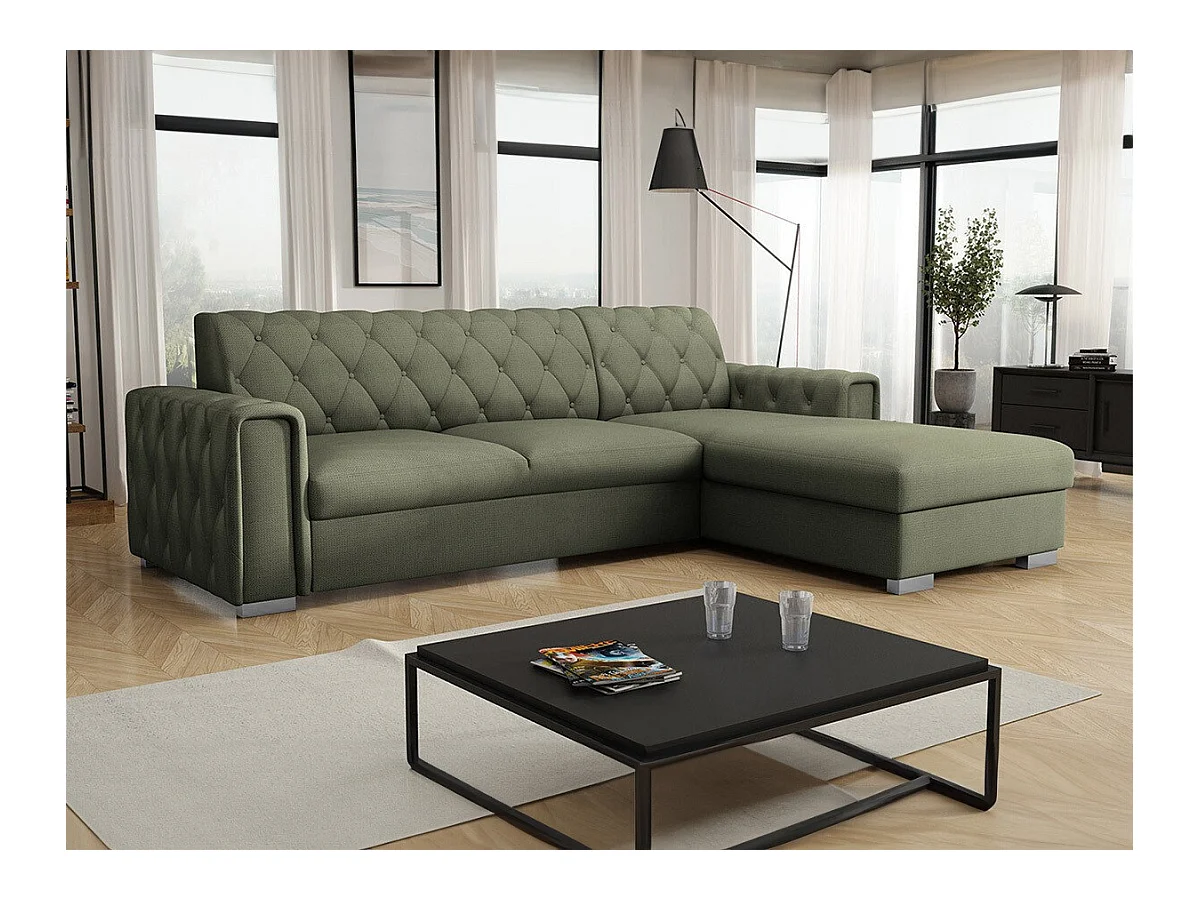 Canapé d'angle Columbus 203, Vert, Fonction de couchage, Boîte de literie, 267x185x85cm