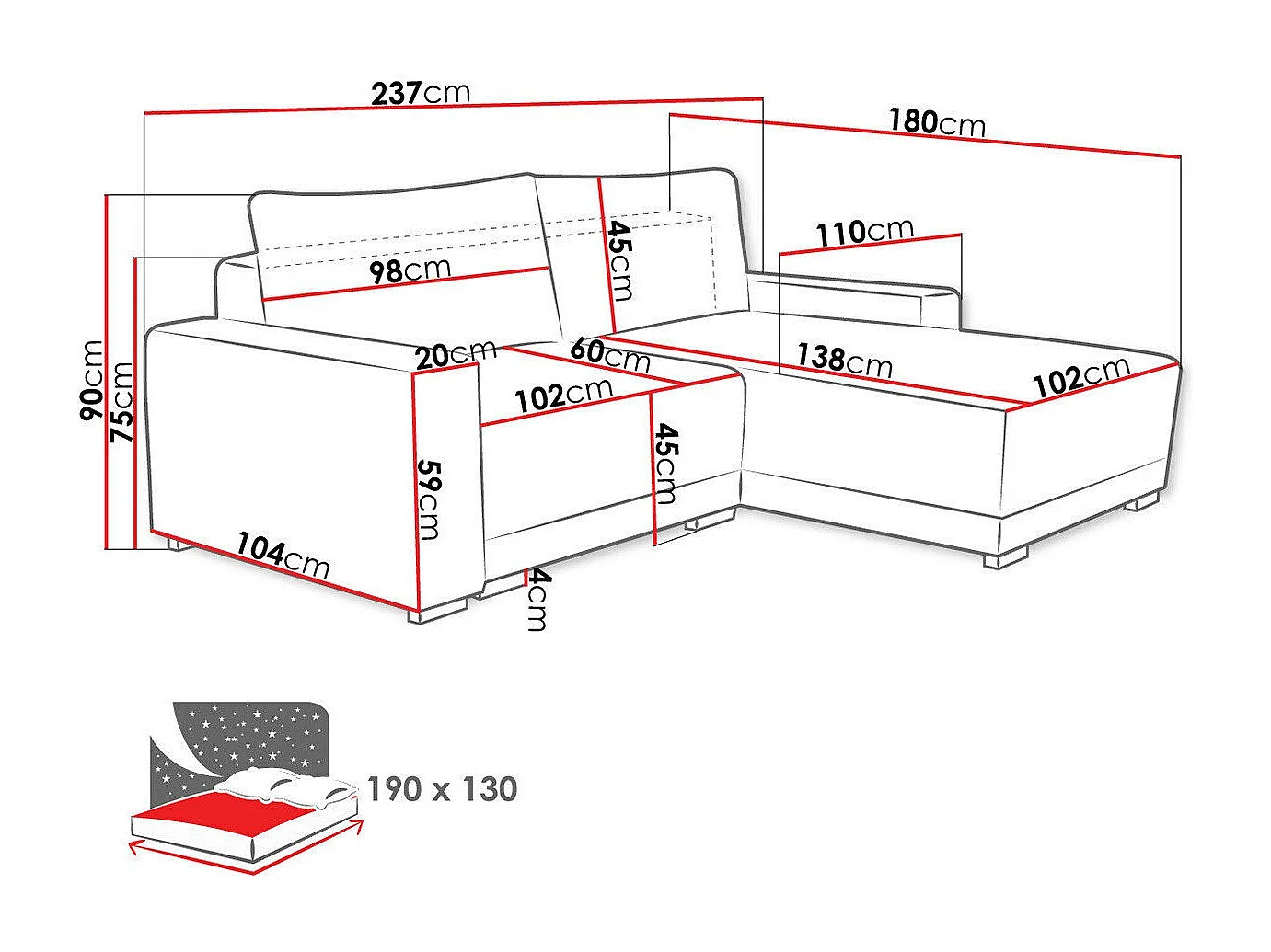 Sofá rinconero Columbus 204, Crema, Función de descanso, Almacenaje, 237x180x90cm