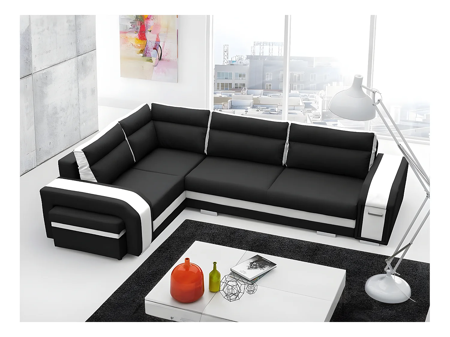 Canapé d'angle Kingsport 100, Noir, Fonction de couchage, Boîte de literie, 300x200x90cm