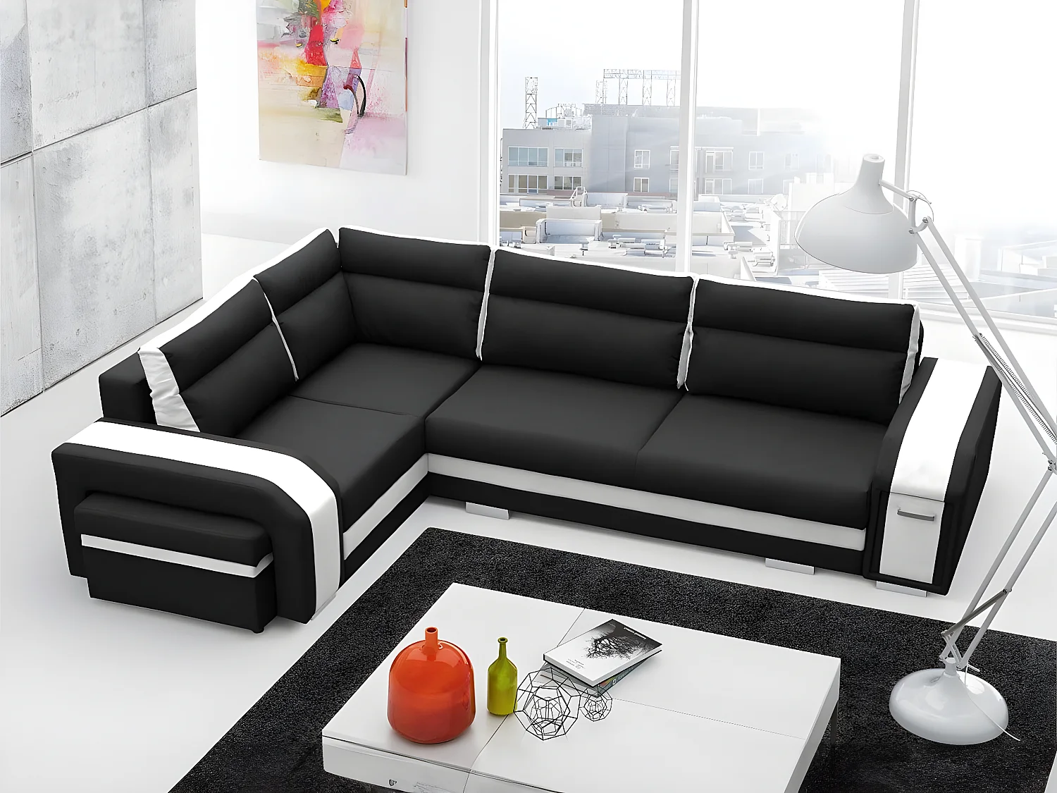 Sofá rinconero Kingsport 100, Negro, Función de descanso, Almacenaje, 300x200x90cm