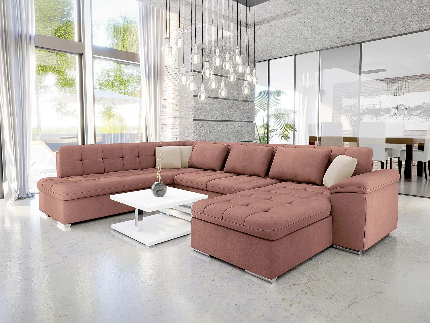 Sofá rinconero Comfivo Gemma II, Rosa, Función de descanso, 348x205x76cm