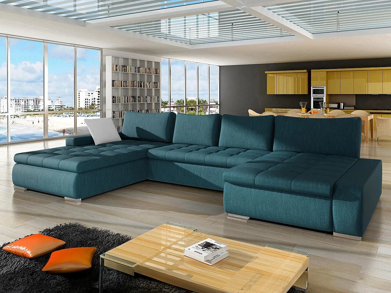 Sofá rinconero Comfivo 248, Turquesa, Función de descanso, Almacenaje, 394x213x80cm