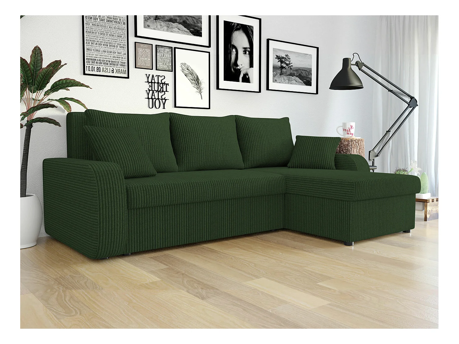 Canapé d'angle Comfivo 203, Vert, Fonction de couchage, Boîte de literie, 238x147x80cm