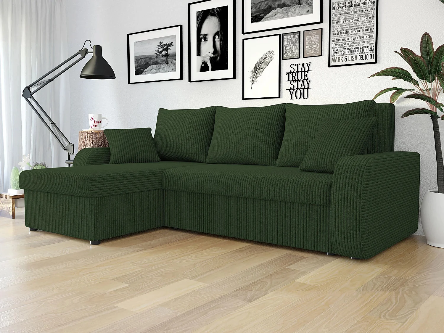 Sofá rinconero Comfivo Melissa I, Verde, Función de descanso, Almacenaje, 238x147x80cm