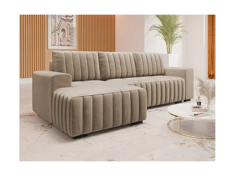 Canapé d'angle Columbus 154, Brun clair, Fonction de couchage, Boîte de literie, 240x85cm