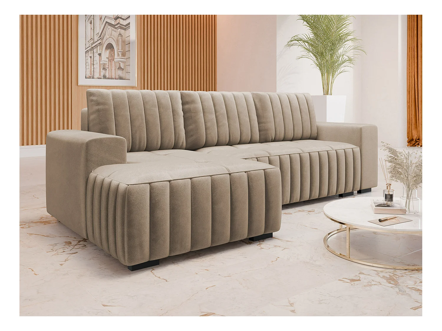 Canapé d'angle Columbus 154, Brun clair, Fonction de couchage, Boîte de literie, 240x85cm