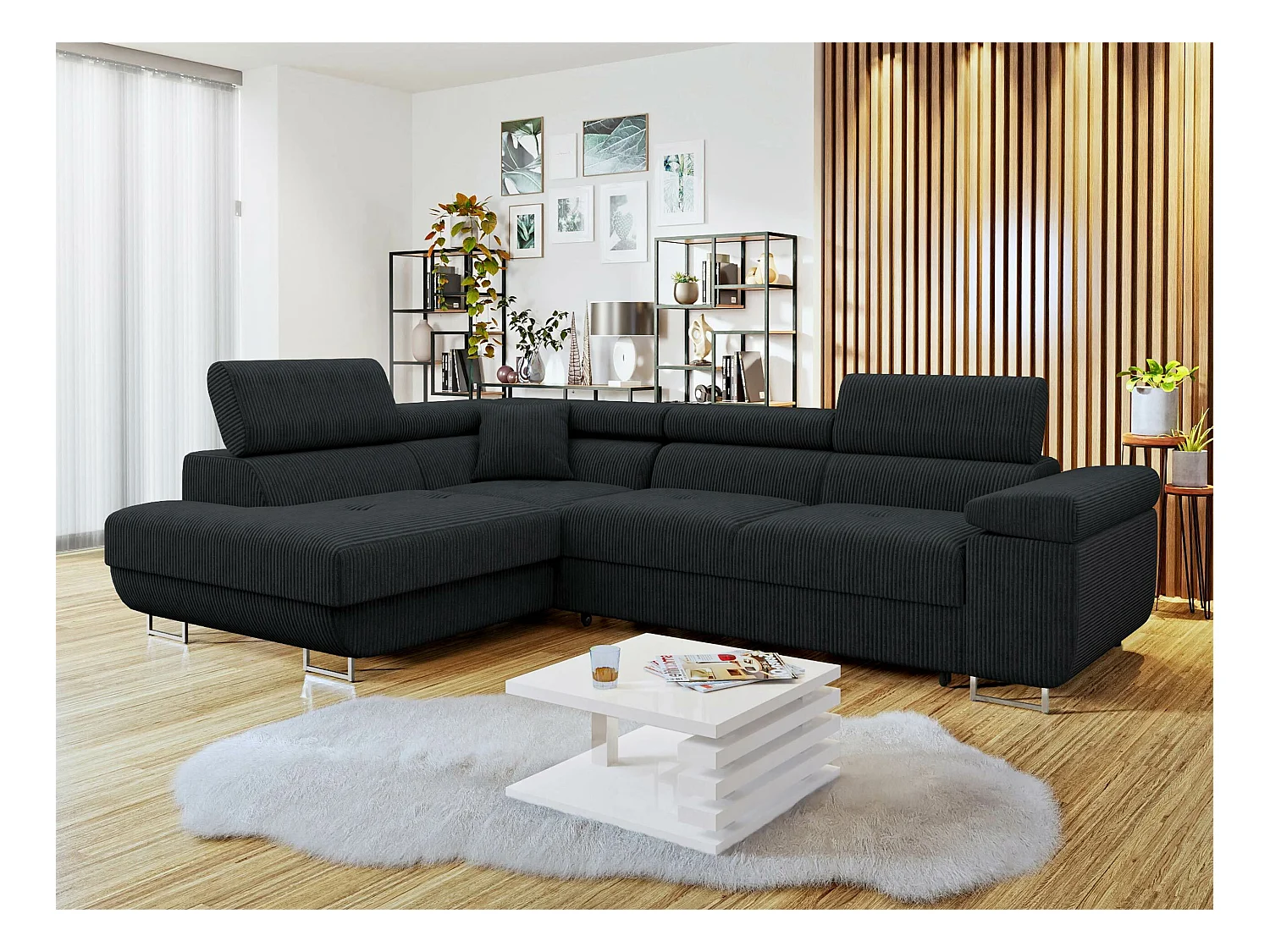 Canapé d'angle Comfivo Eliferu 100, Noir, Fonction de couchage, Boîte de literie, 274cm