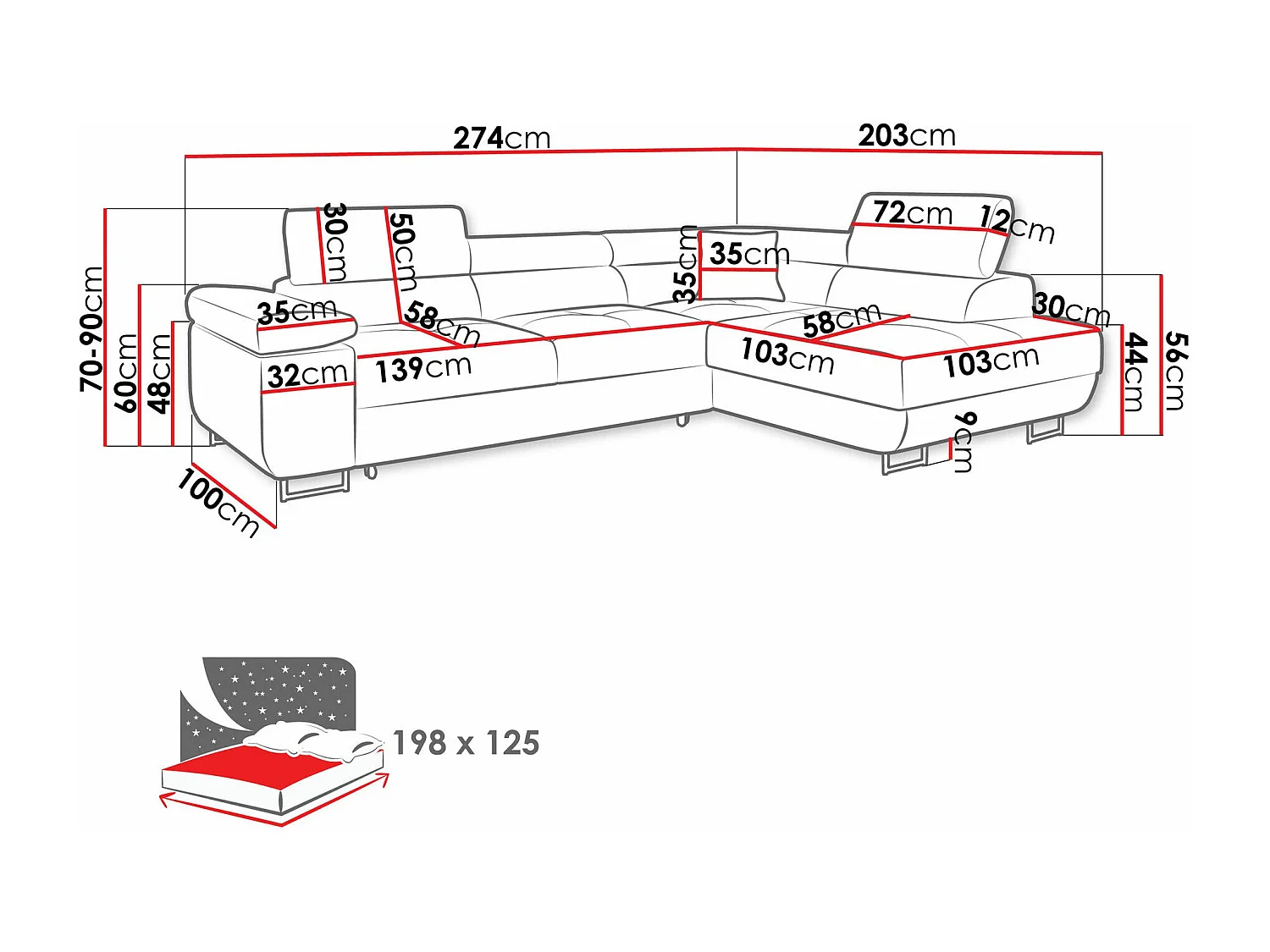 Sofá rinconero Comfivo Eliferu 100, Negro, Función de descanso, Almacenaje, 274x203x70cm