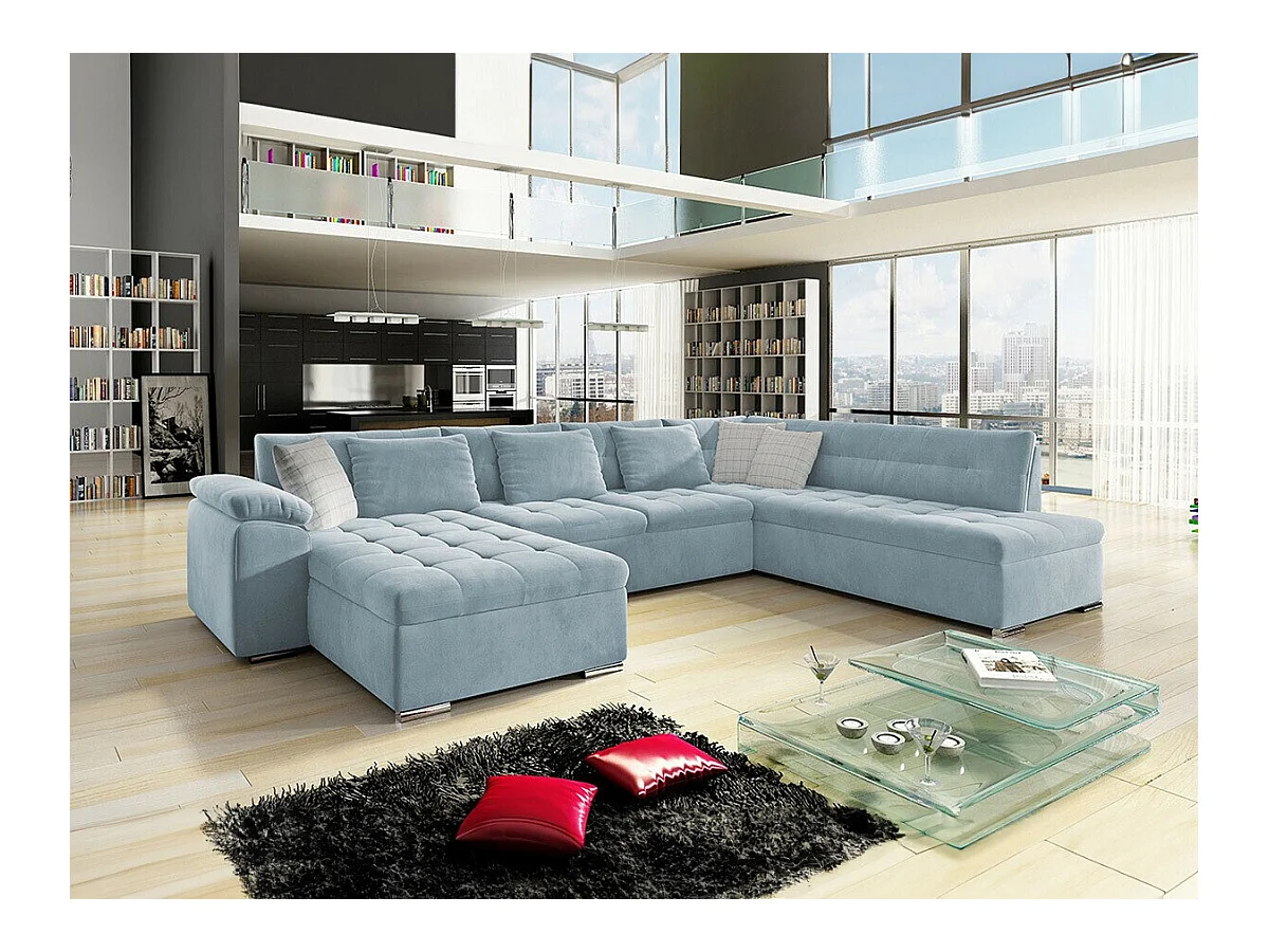 Canapé d'angle Comfivo 114, Bleu, Fonction de couchage, Boîte de literie, 348x205x76cm