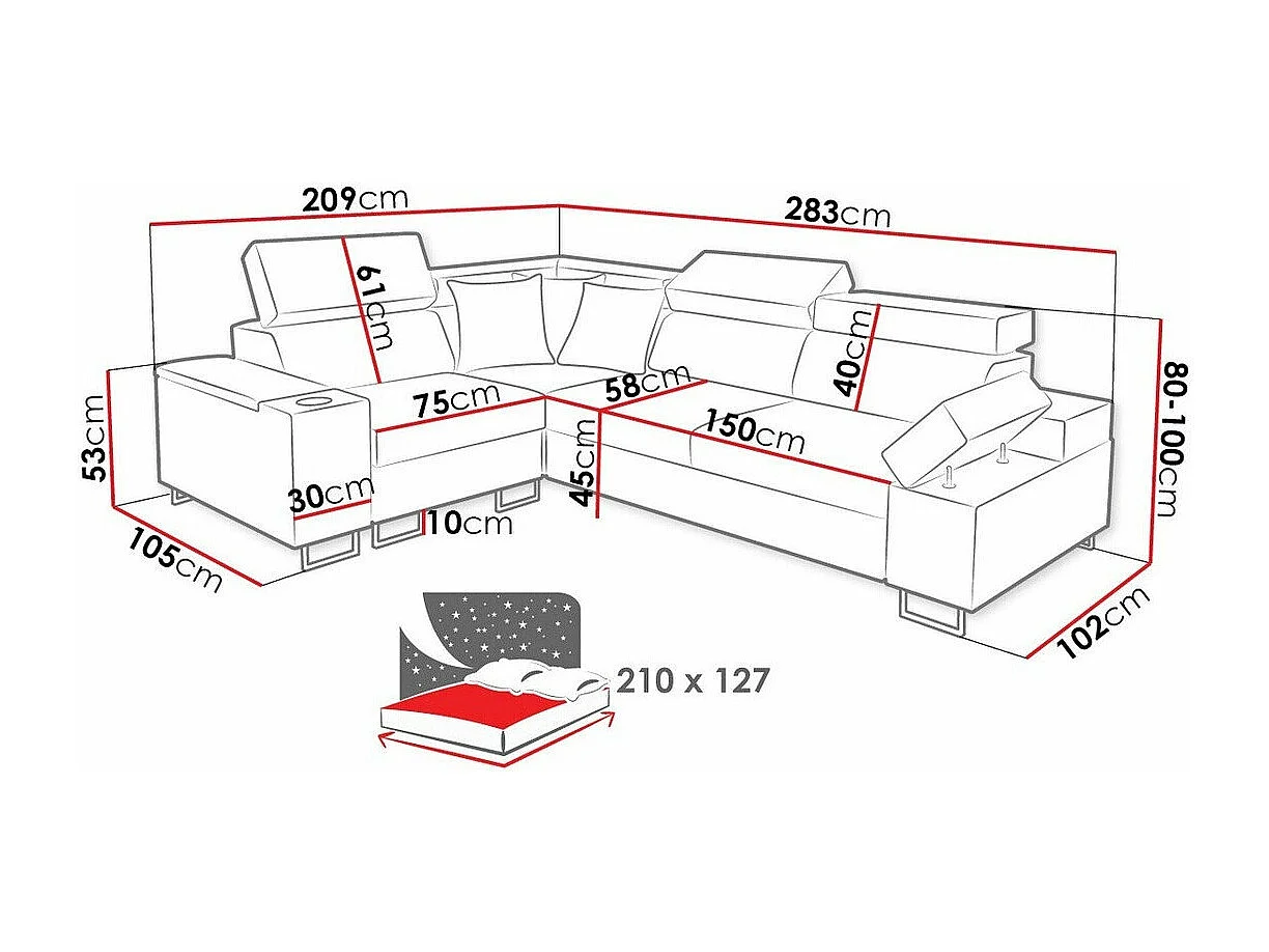 Canapé d'angle Pearland 106, Gris, Fonction de couchage, Boîte de literie, 283x209x80cm