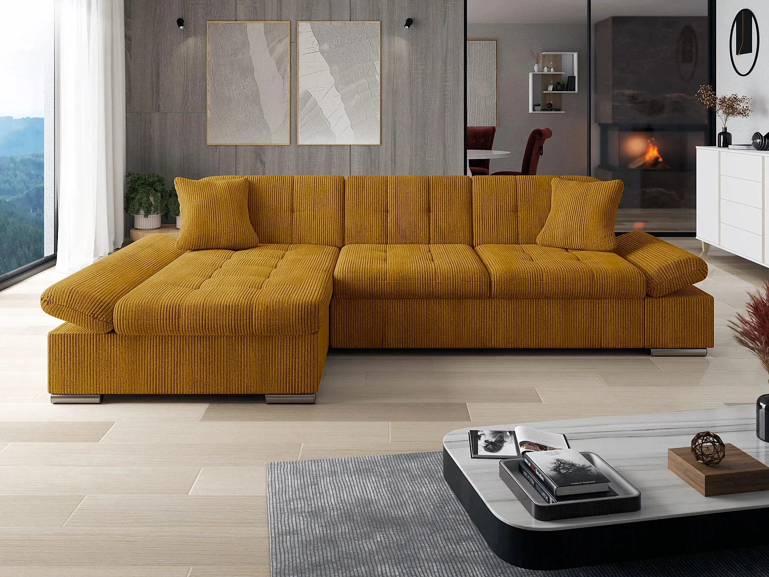 Sofá rinconero Comfivo Sanitas I, Amarillo, Función de descanso, Almacenaje, 278x161x76cm