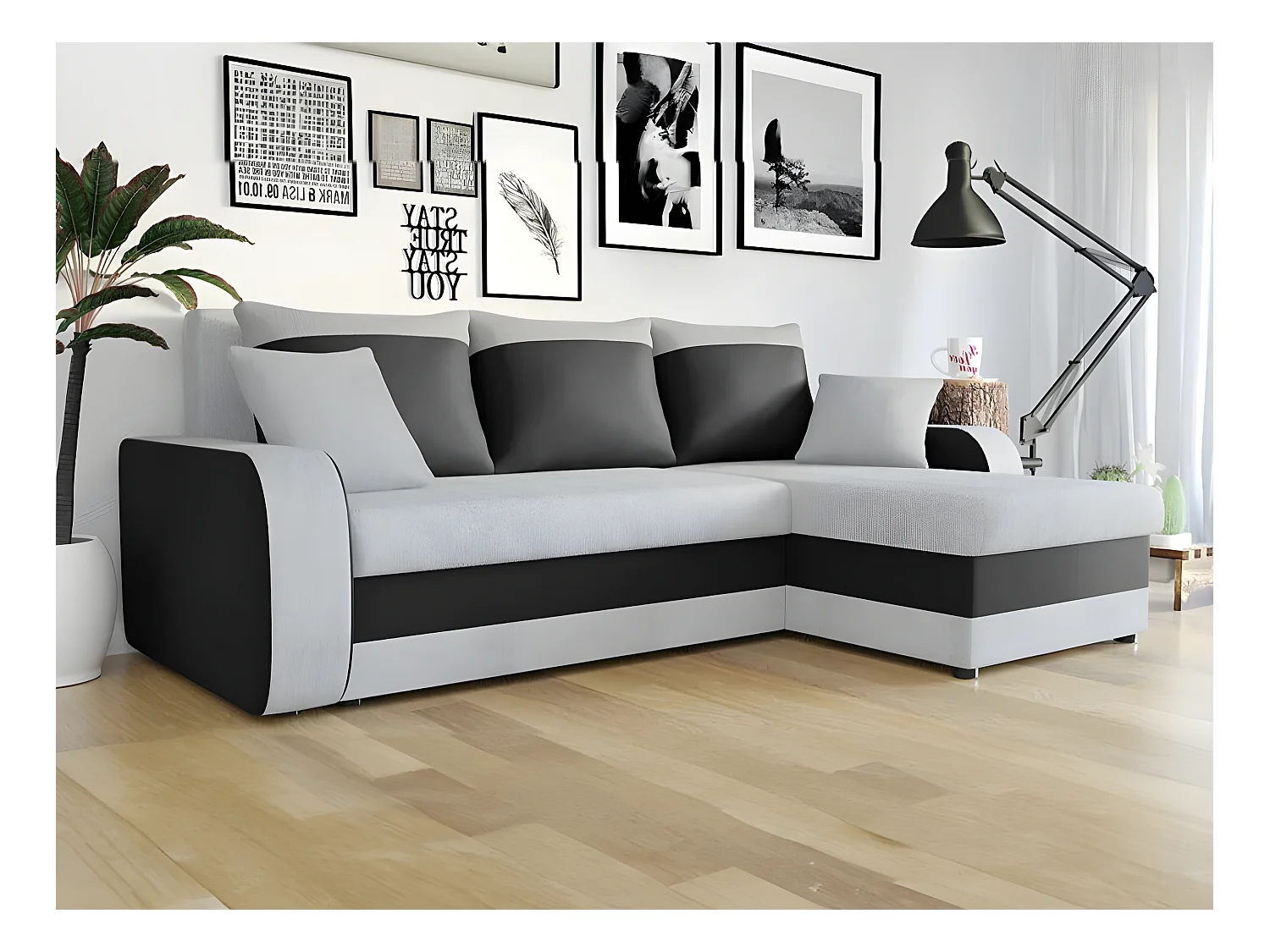 Canapé d'angle Comfivo 135, Gris, Fonction de couchage, Boîte de literie, 238x147x80cm