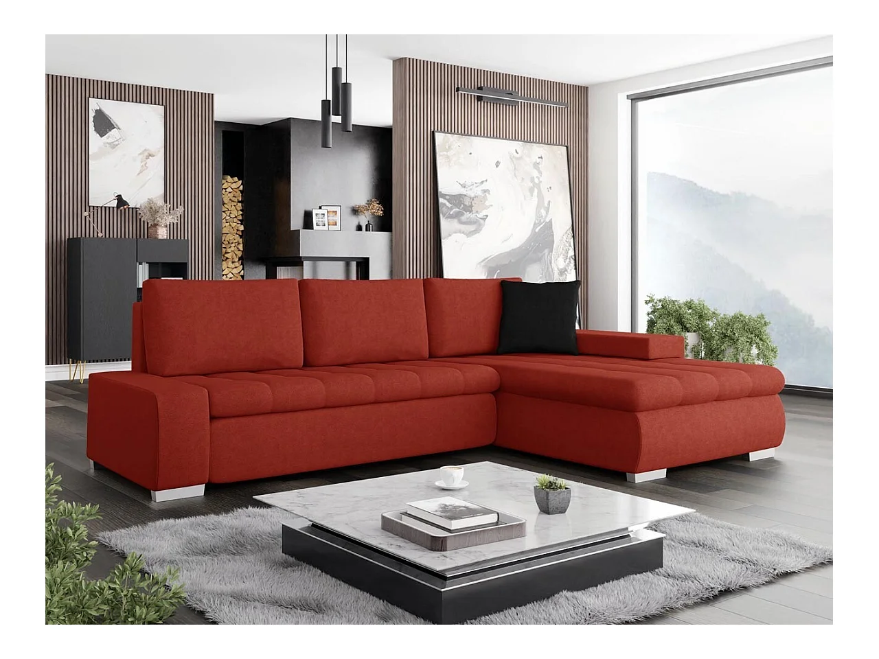 Canapé d'angle Comfivo 112, Rouge, Fonction de couchage, Boîte de literie, 265x185x85cm