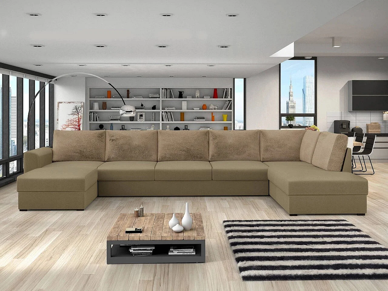 Sofá rinconero Comfivo 191, De color marrón claro, Función de descanso, Almacenaje, 370cm