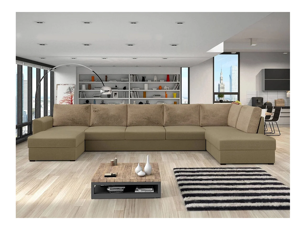 Canapé d'angle Comfivo 191, Brun clair, Fonction de couchage, Boîte de literie, 370x186cm