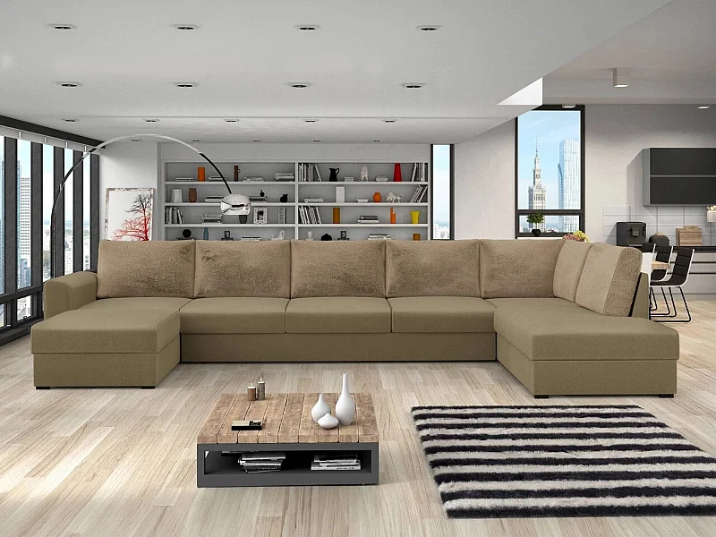 Sofá rinconero Comfivo 191, De color marrón claro, Función de descanso, Almacenaje, 370cm