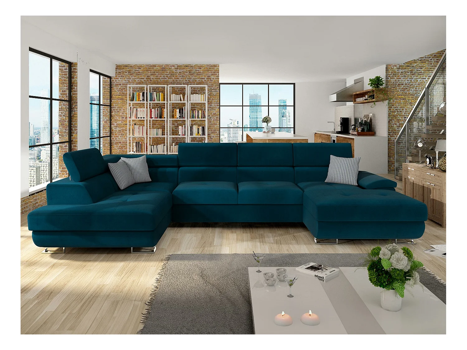 Divano angolare Comfivo 241, Turchese, Con, 345x202x71cm