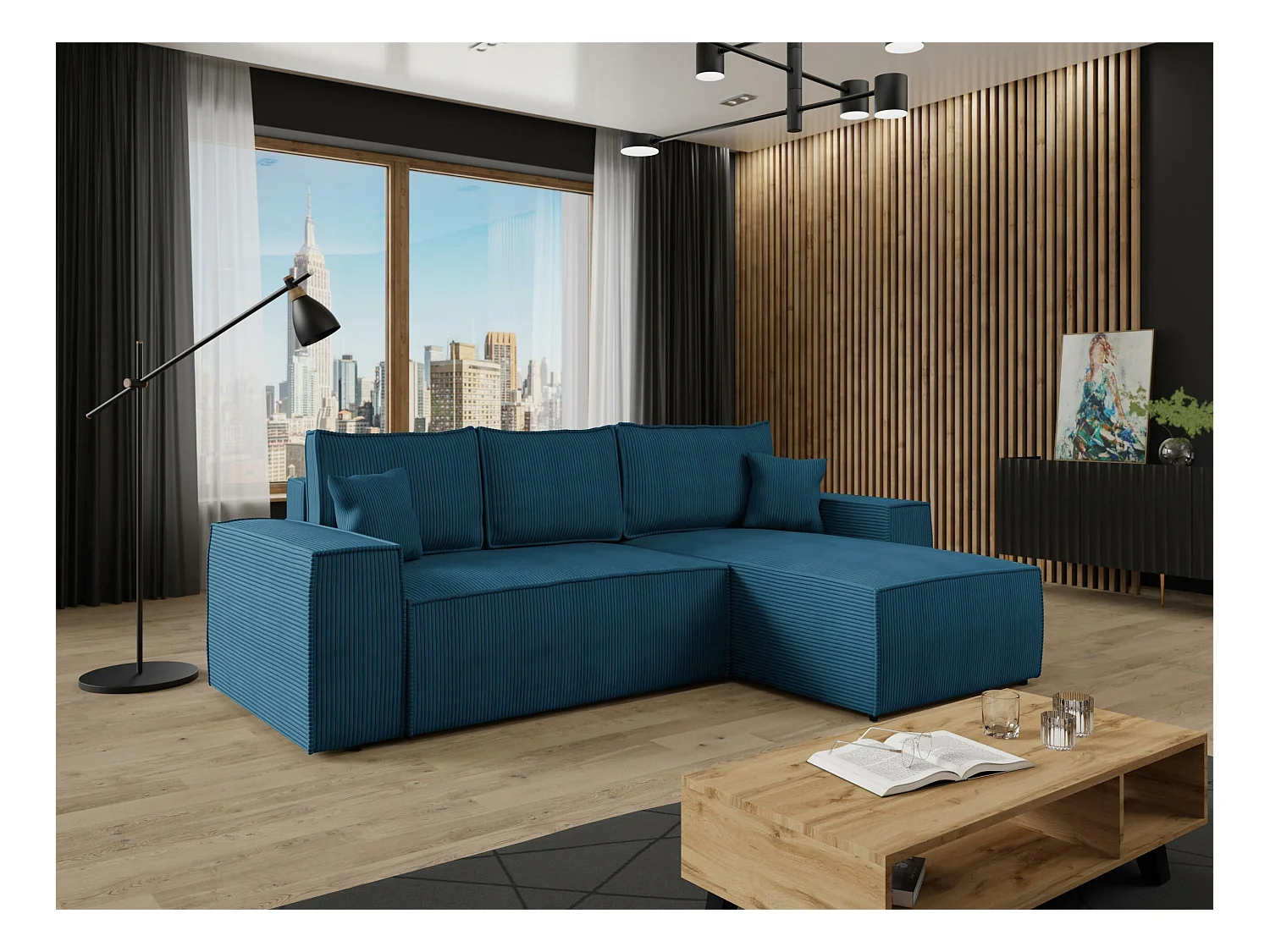 Canapé d'angle Clovis 108, Bleu, Fonction de couchage, Boîte de literie, 279x174x94cm