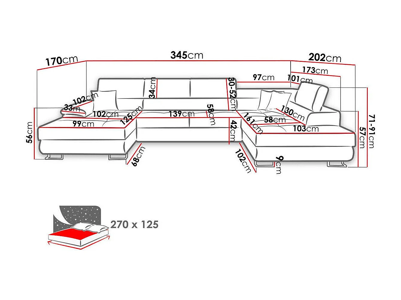 Sofá rinconero Comfivo 190, Gris, Función de descanso, Almacenaje, 345x202x71cm