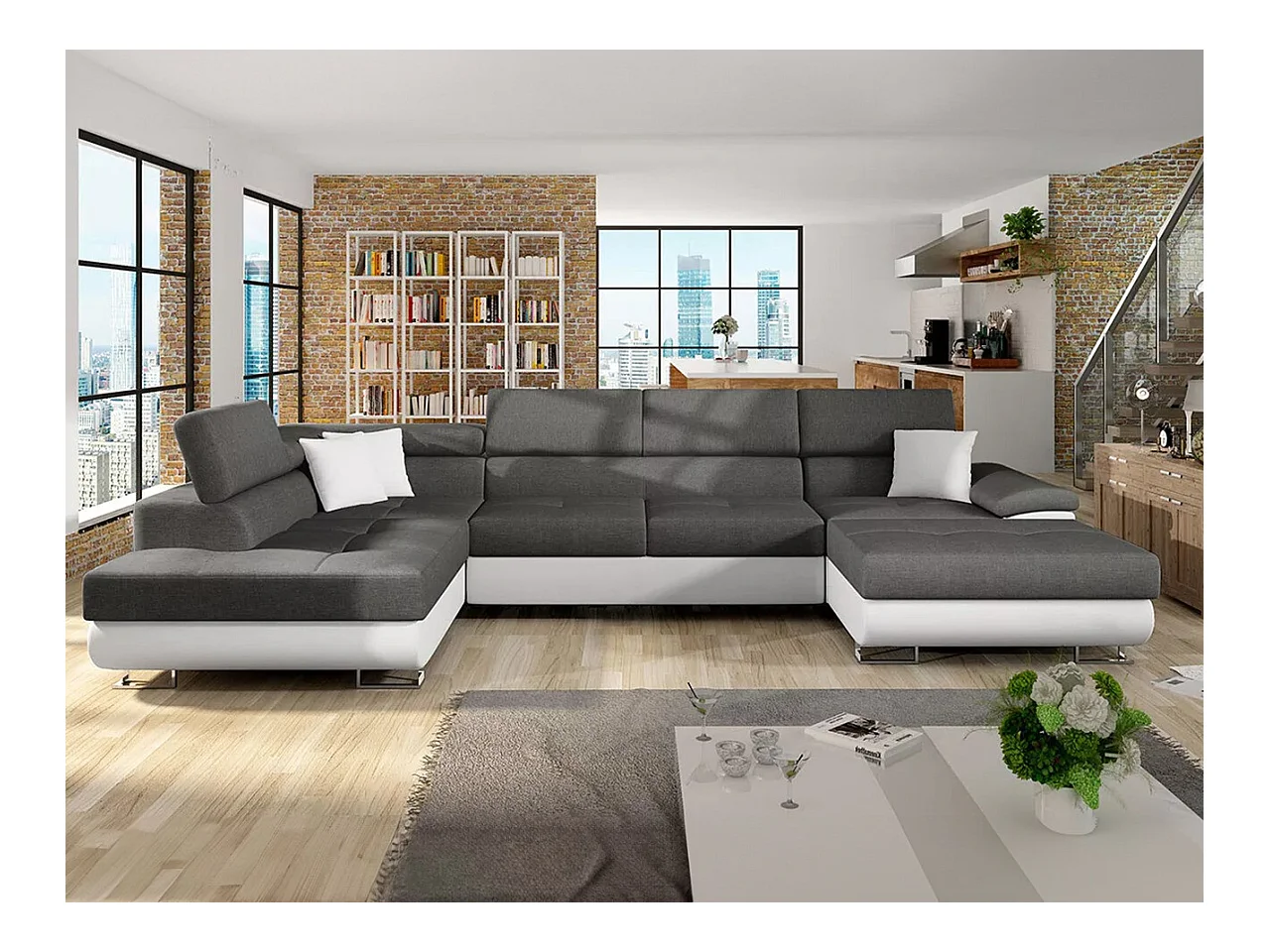 Canapé d'angle Comfivo 190, Gris, Fonction de couchage, Boîte de literie, 345x202x71cm