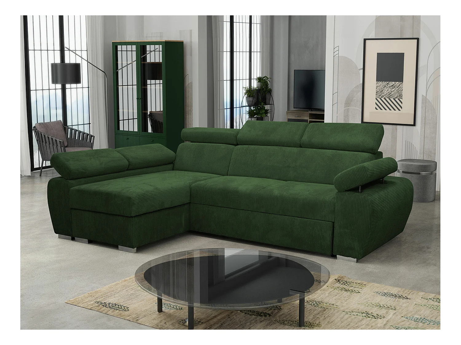 Canapé d'angle Columbus 192, Vert, Fonction de couchage, Boîte de literie, 255x170x85cm