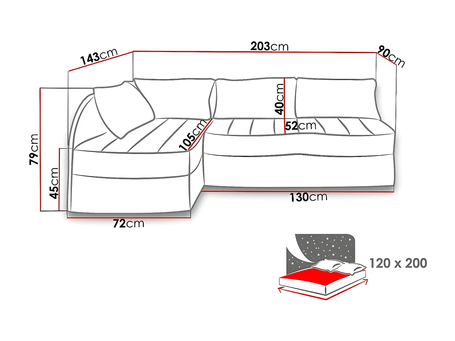 Canapé d'angle Providence 119, Noir, Fonction de couchage, Boîte de literie, 203x143x79cm