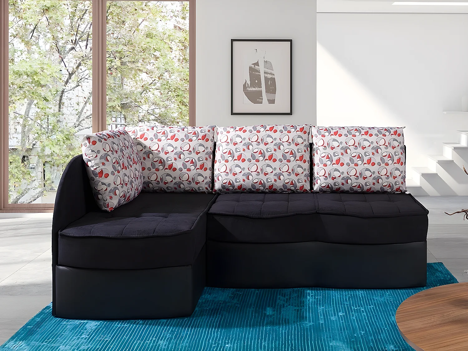 Canapé d'angle Providence 119, Noir, Fonction de couchage, Boîte de literie, 203x143x79cm