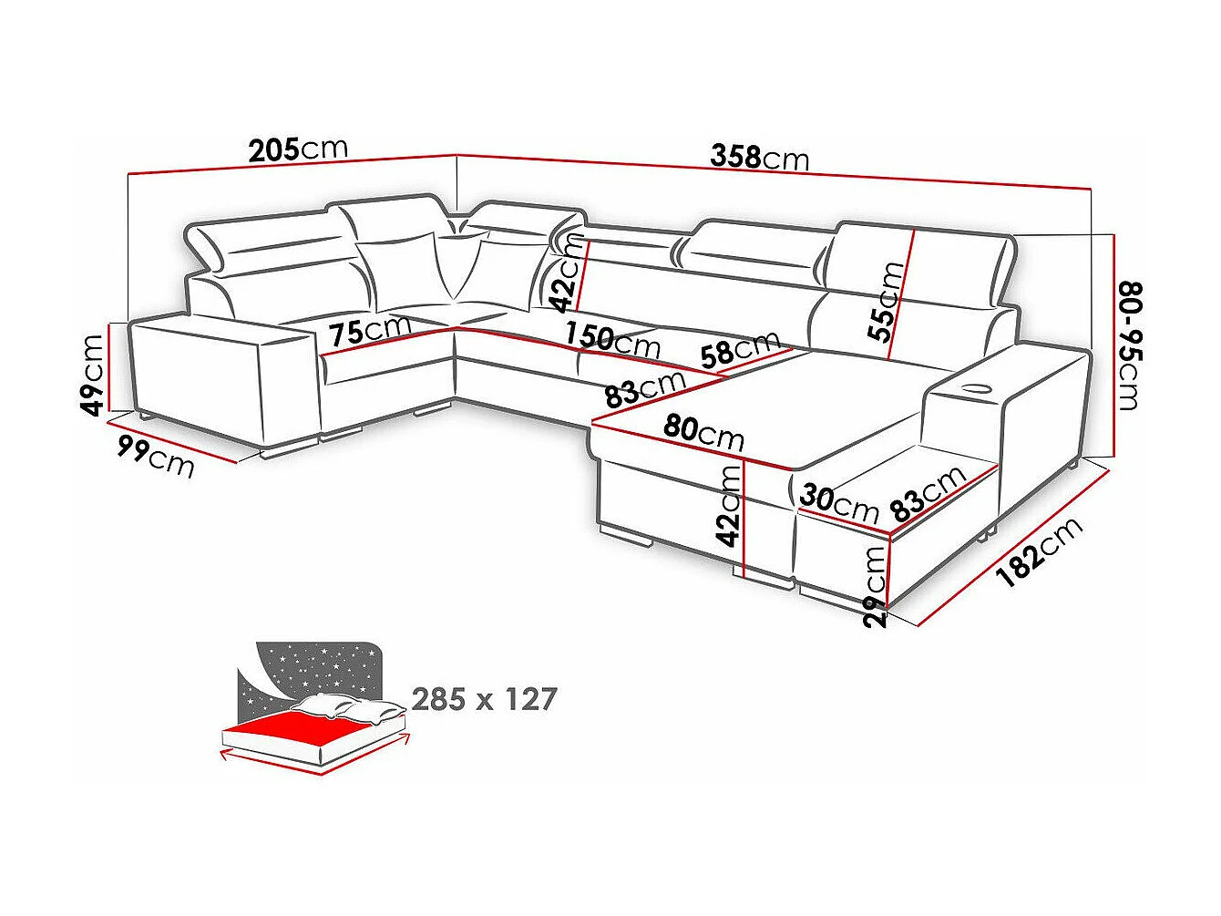 Sofá rinconero Pearland 101, Gris, Función de descanso, Almacenaje, 358x205x80cm