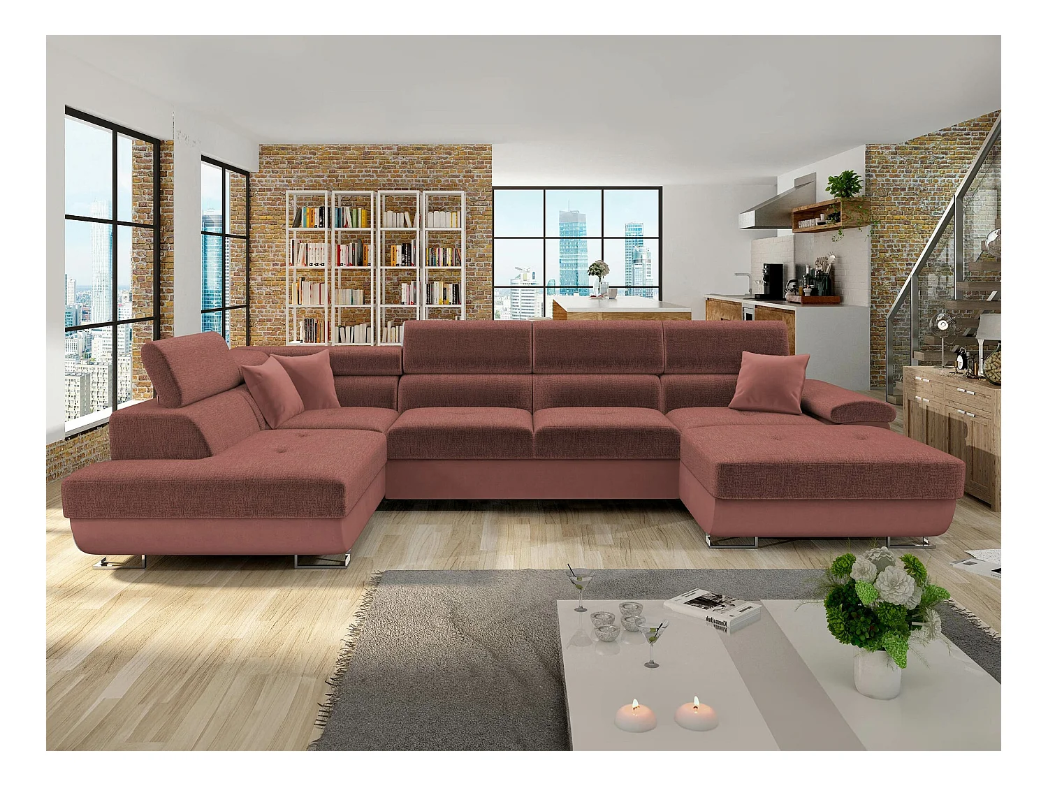 Canapé d'angle Comfivo 241, Rose, Fonction de couchage, Boîte de literie, 345x202x71cm