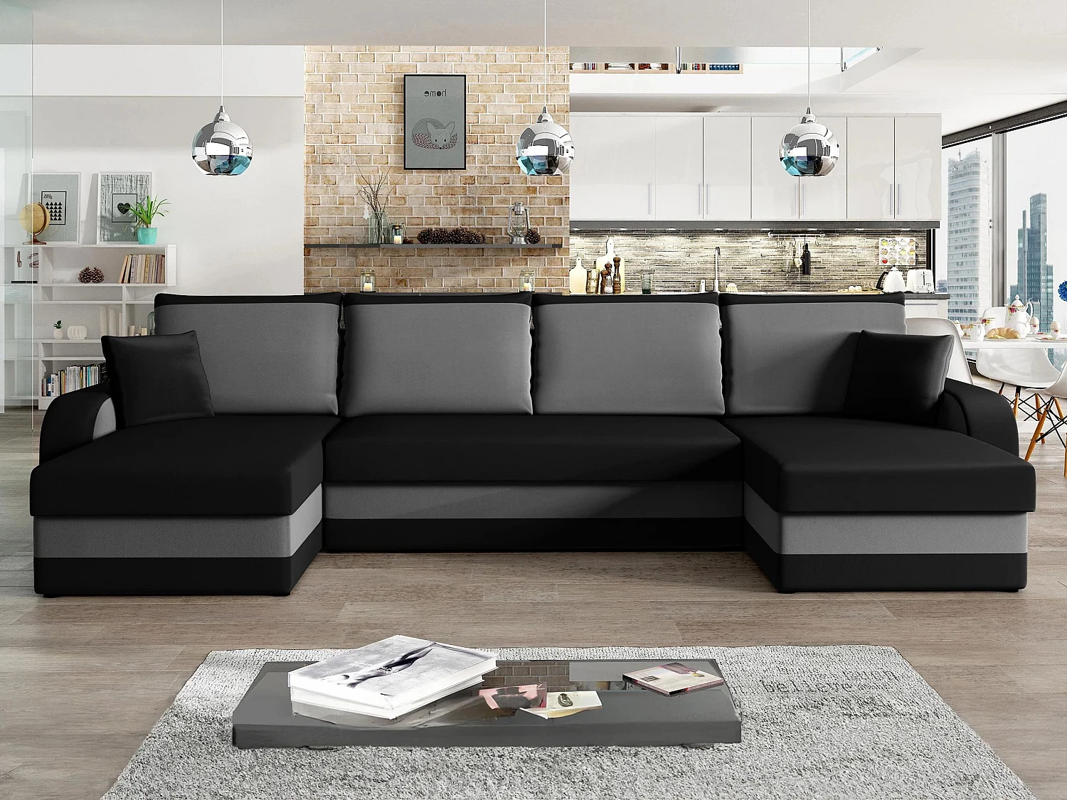 Sofá rinconero Comfivo Melissa III, Negro, Función de descanso, Almacenaje, 304x140x80cm