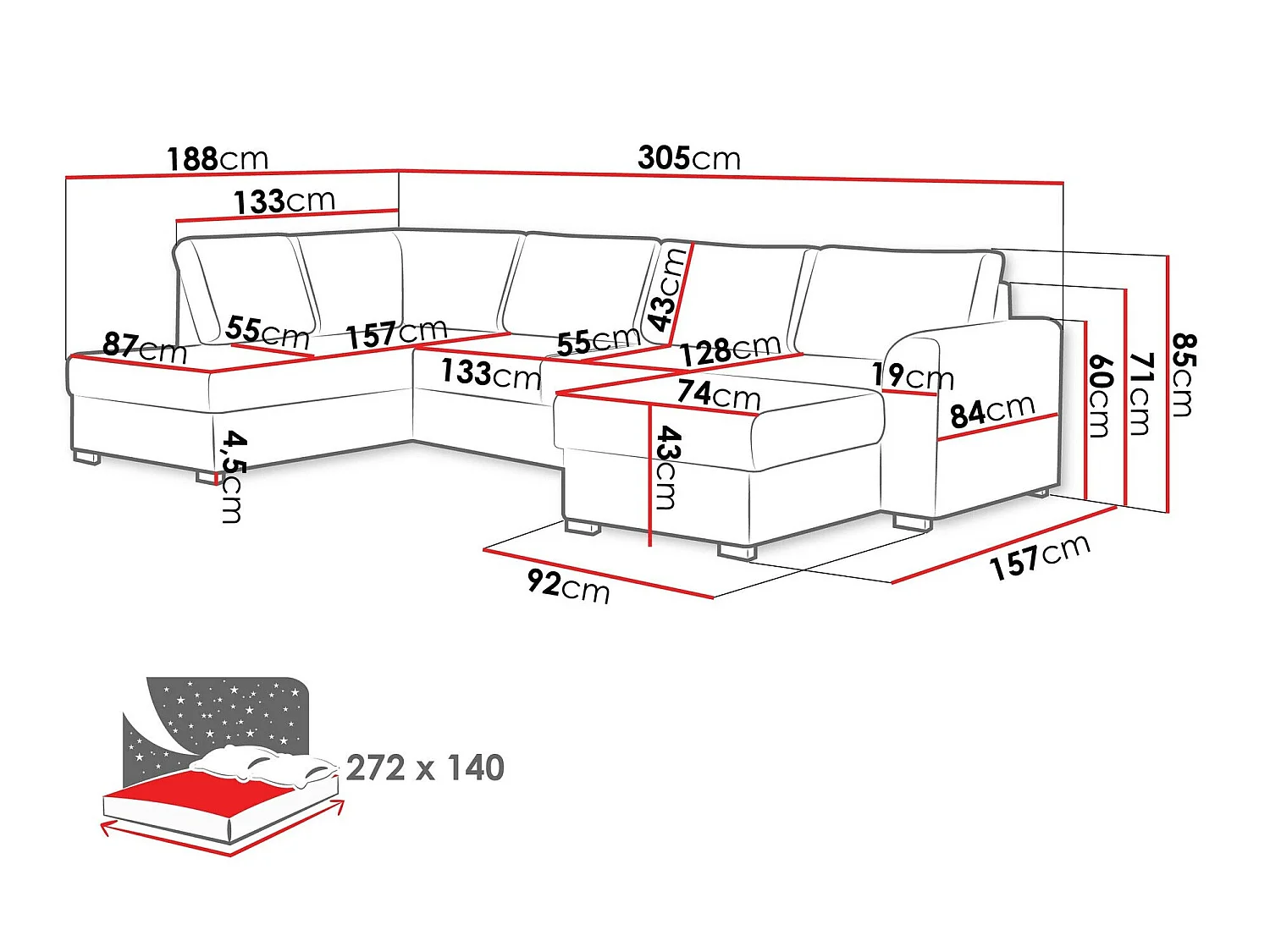 Canapé d'angle convertible 3 places gris 305x188x85 cm