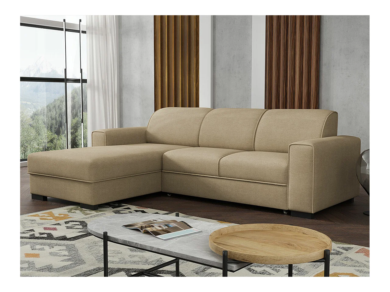 Canapé d'angle Columbus 186, Brun clair, Fonction de couchage, Boîte de literie, 260x90cm