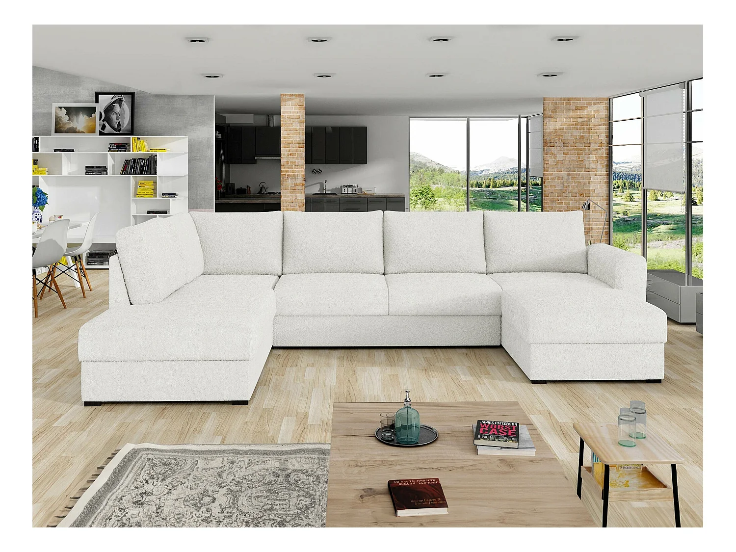 Canapé d'angle Comfivo 261, Blanc, Fonction de couchage, Boîte de literie, 305x188x85cm