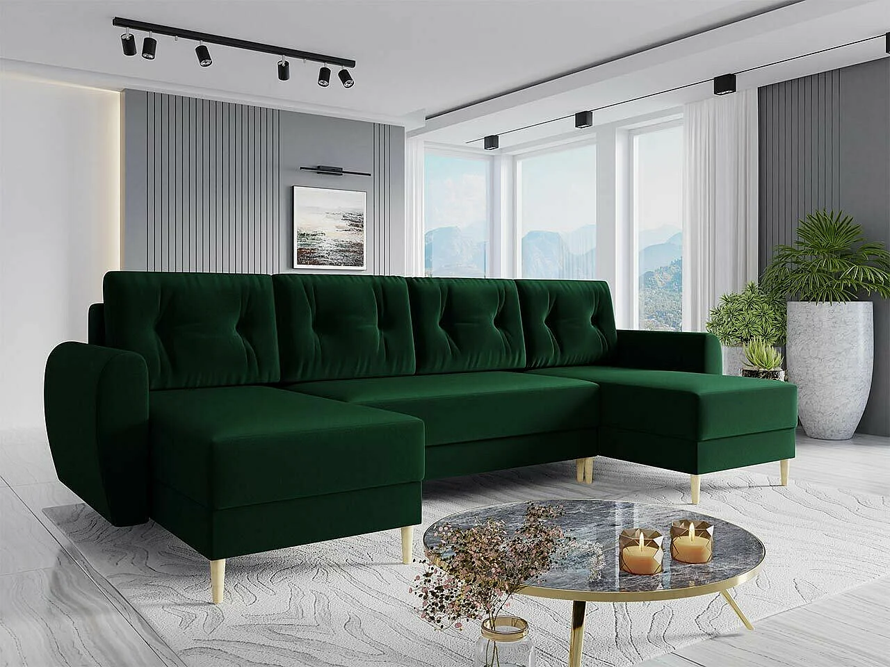 Canapé d'angle Memphis 110, Vert, Fonction de couchage, Boîte de literie, 307x139x95cm