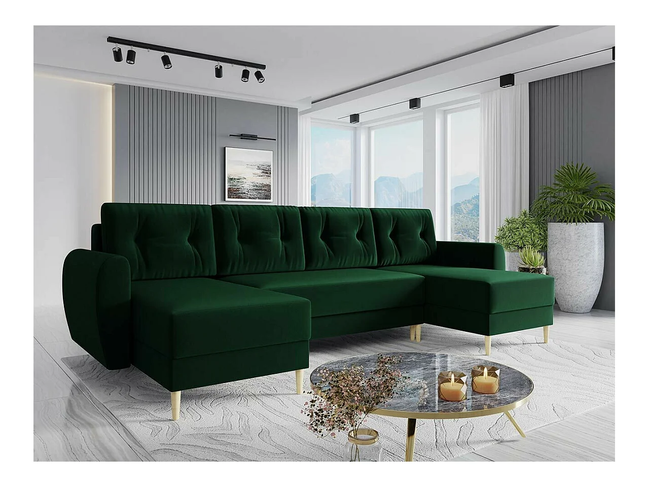 Canapé d'angle Memphis 110, Vert, Fonction de couchage, Boîte de literie, 307x139x95cm