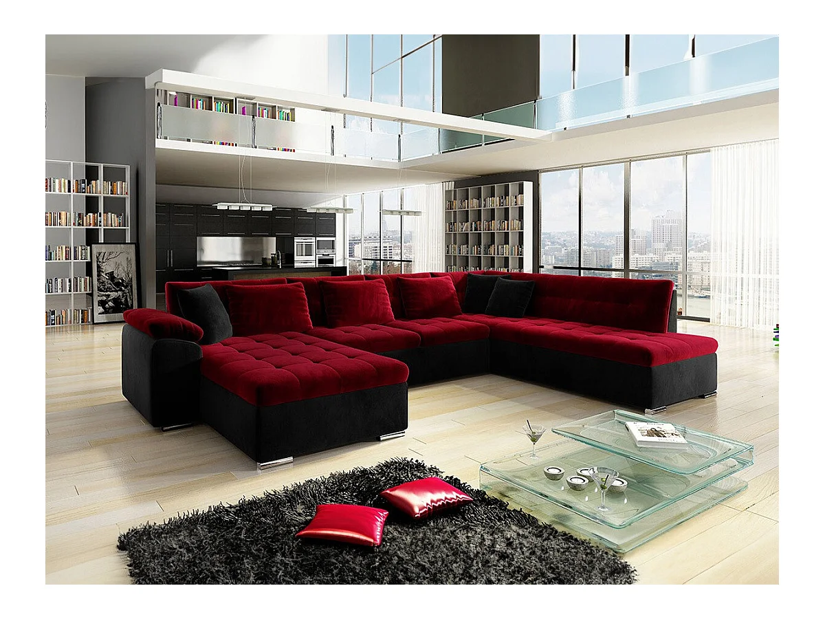 Canapé d'angle Comfivo 114, Rouge, Fonction de couchage, Boîte de literie, 348x205x76cm
