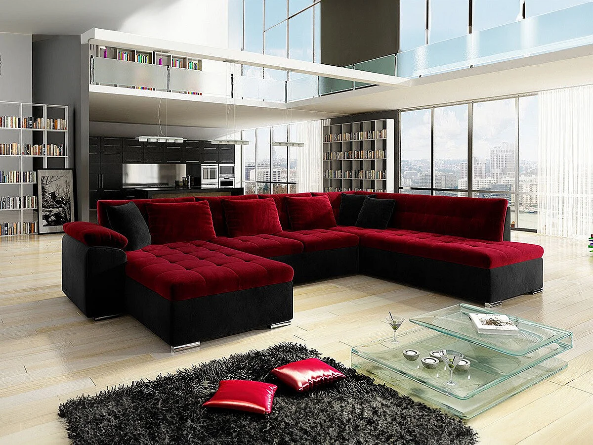 Sofá rinconero Comfivo Gemma, Rojo, Función de descanso, Almacenaje, 348x205x76cm