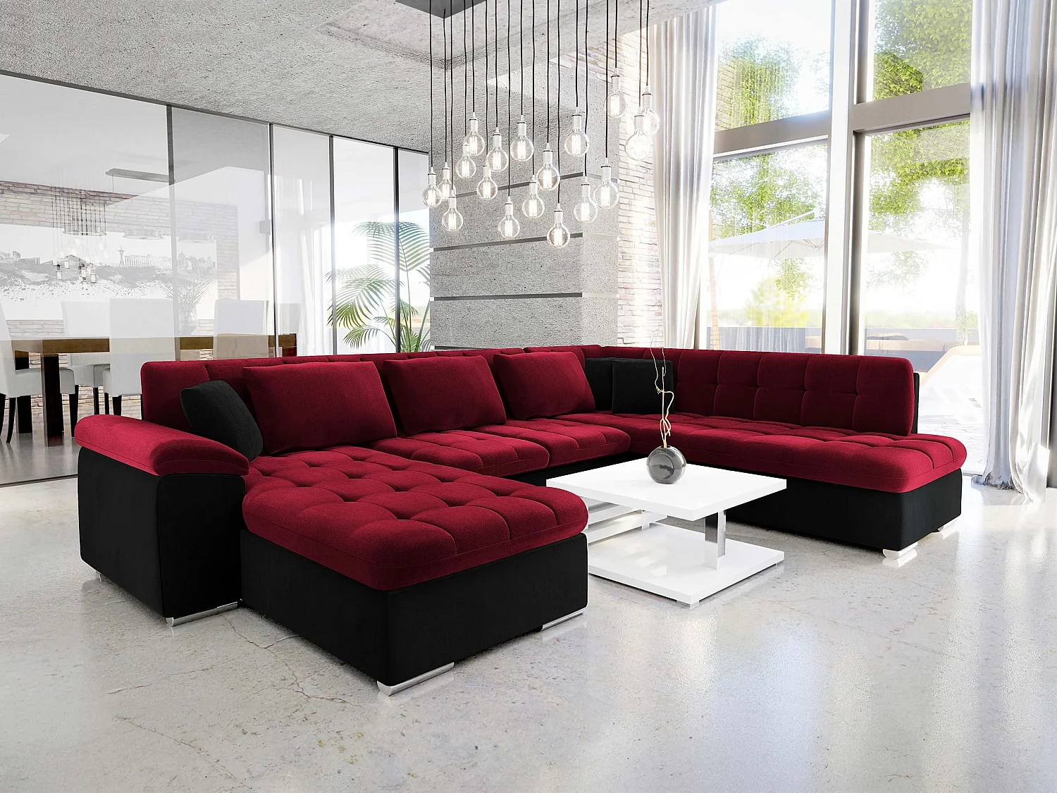 Sofá rinconero Comfivo Gemma, Rojo, Función de descanso, Almacenaje, 348x205x76cm