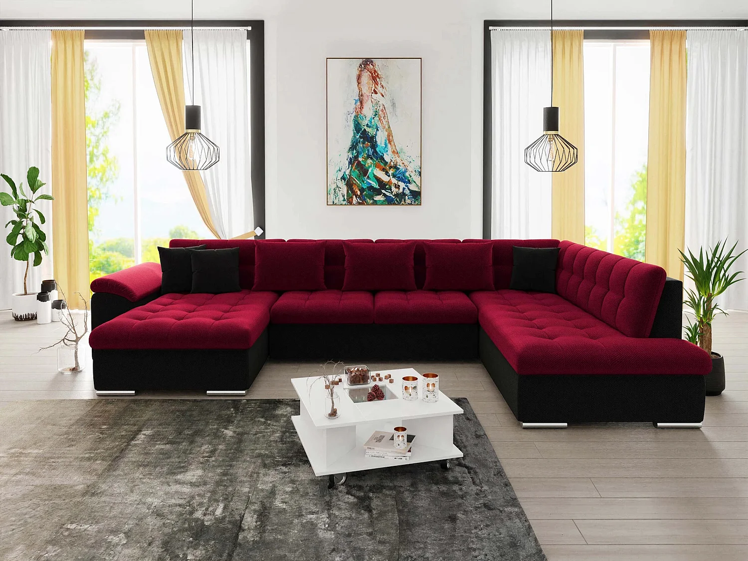 Canapé d'angle convertible 3 places en tissu rouge 348x205x76 cm
