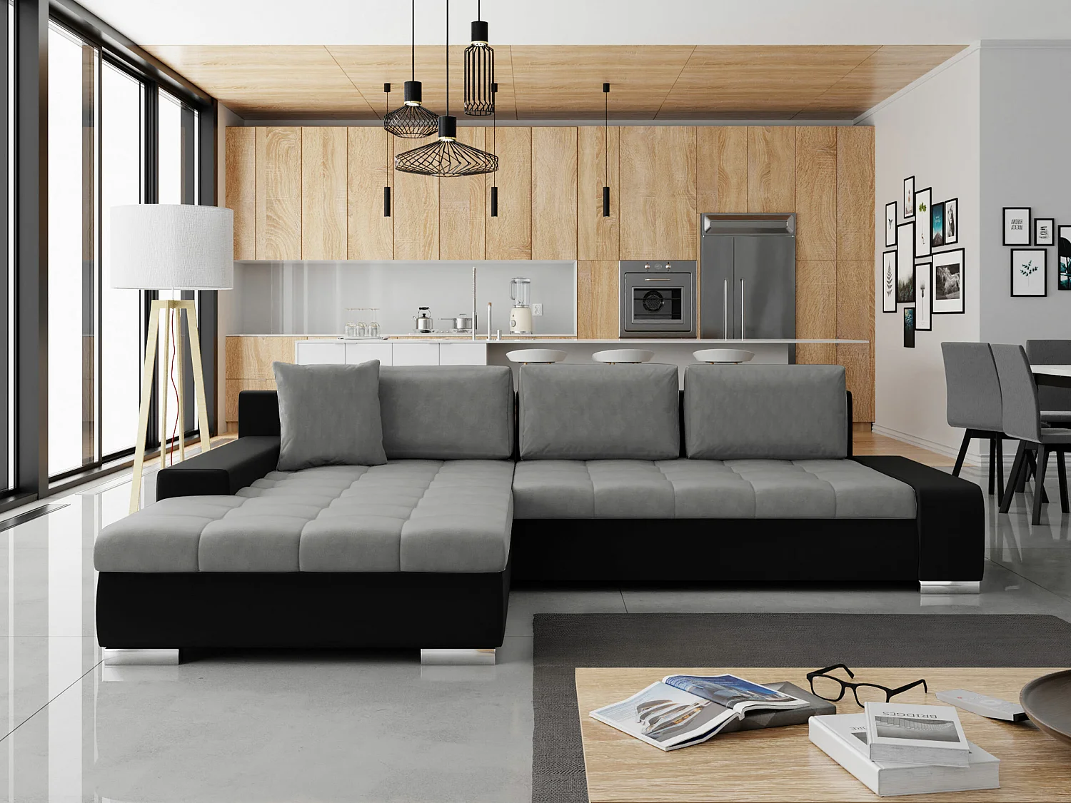 Sofá rinconero Comfivo Nitor II, Gris oscuro, Función de descanso, Almacenaje, 302x213cm