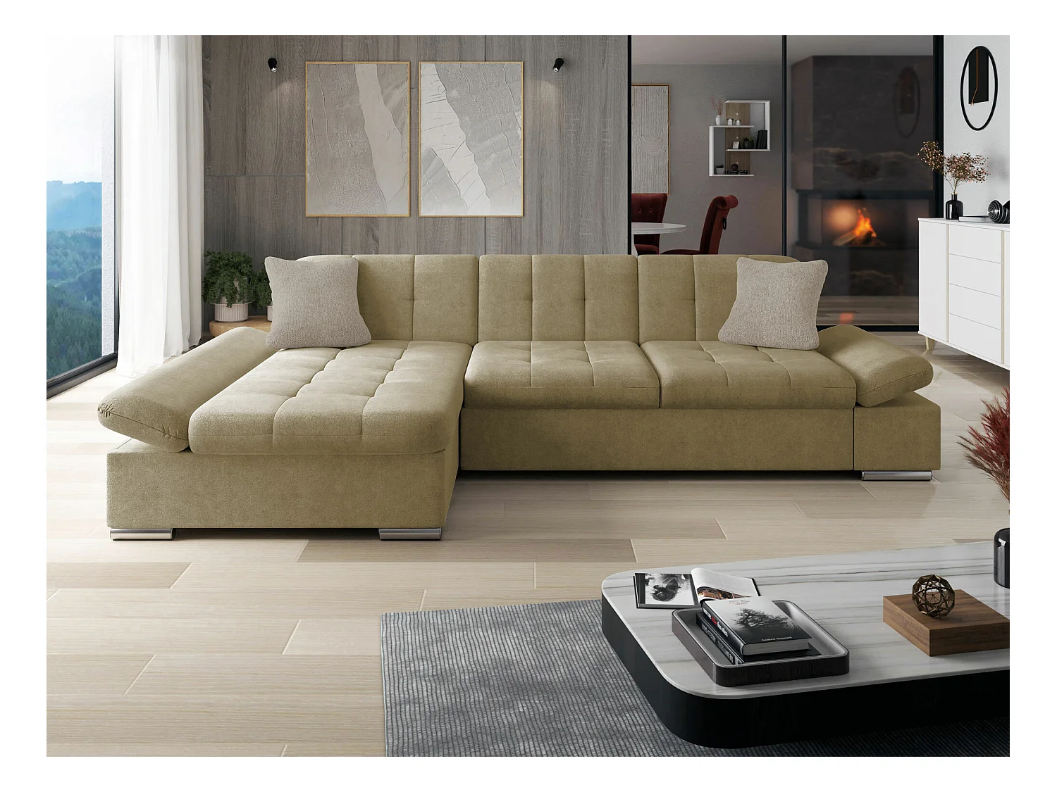 Sofá rinconero Comfivo 219, De color marrón claro, 278x161x76cm