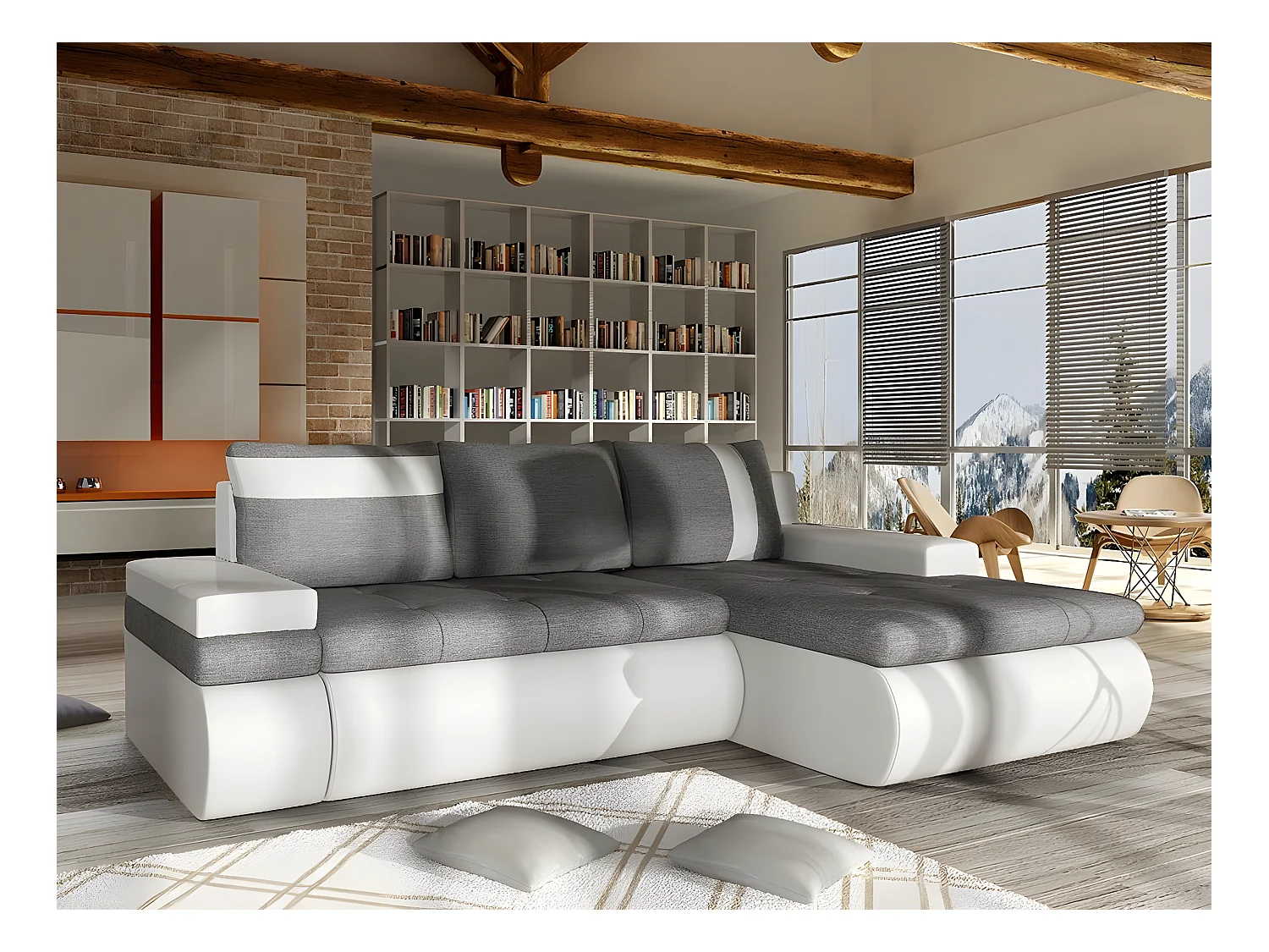 Canapé d'angle Temple 101, Gris, Fonction de couchage, Boîte de literie, 245x182x90cm