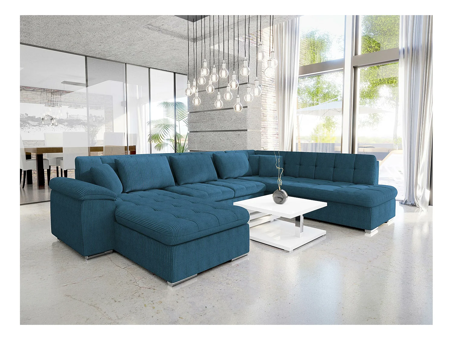 Canapé d'angle Comfivo 114, Turquoise, Fonction de couchage, Boîte de literie, 348x205cm