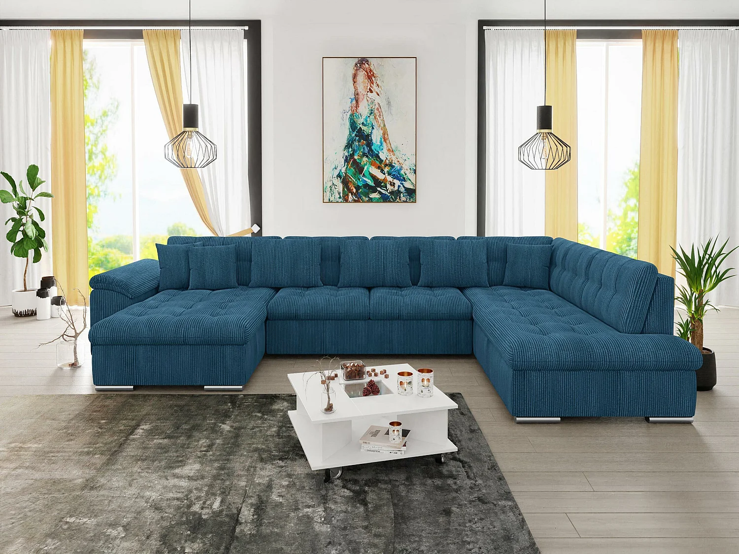 Canapé d'angle Comfivo Gemma, Bleu, Disponible, 348x205x76cm
