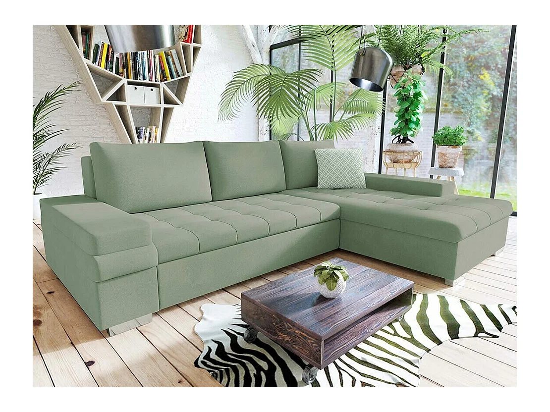 Canapé d'angle Comfivo 121, Vert, Fonction de couchage, Boîte de literie, 274x182x83cm
