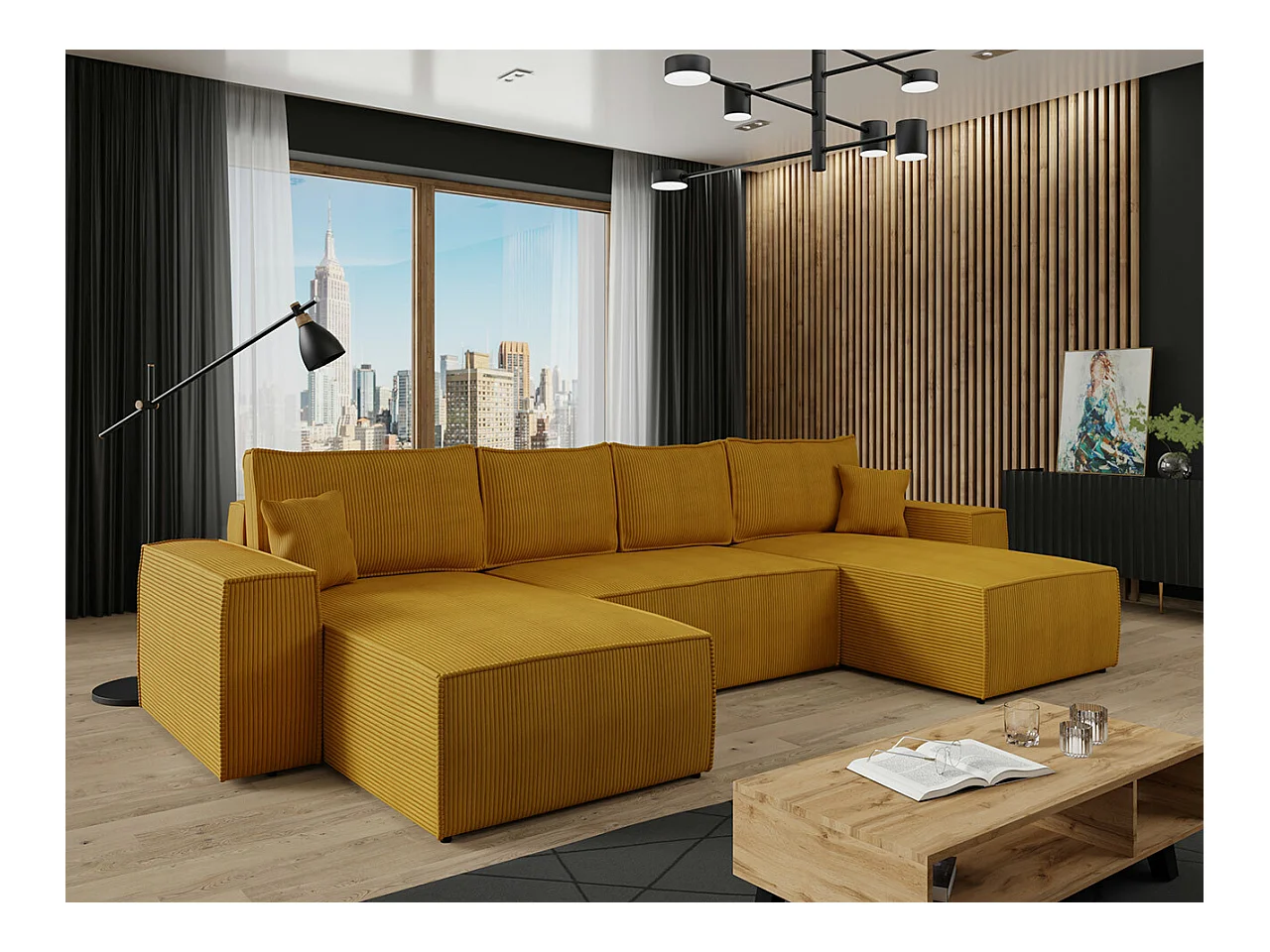 Sofá rinconero Clovis 109, Amarillo, Función de descanso, Almacenaje, 370x174x94cm