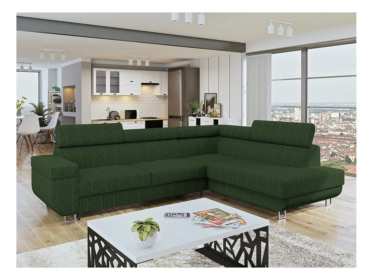 Canapé d'angle Comfivo 306, Vert, Fonction de couchage, Boîte de literie, 253x188x71cm