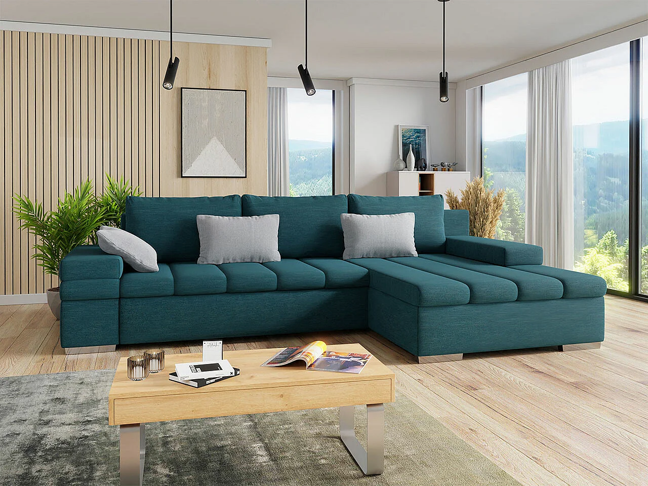 Sofá rinconero Comfivo 169, Turquesa, Función de descanso, Almacenaje, 310x175x83cm