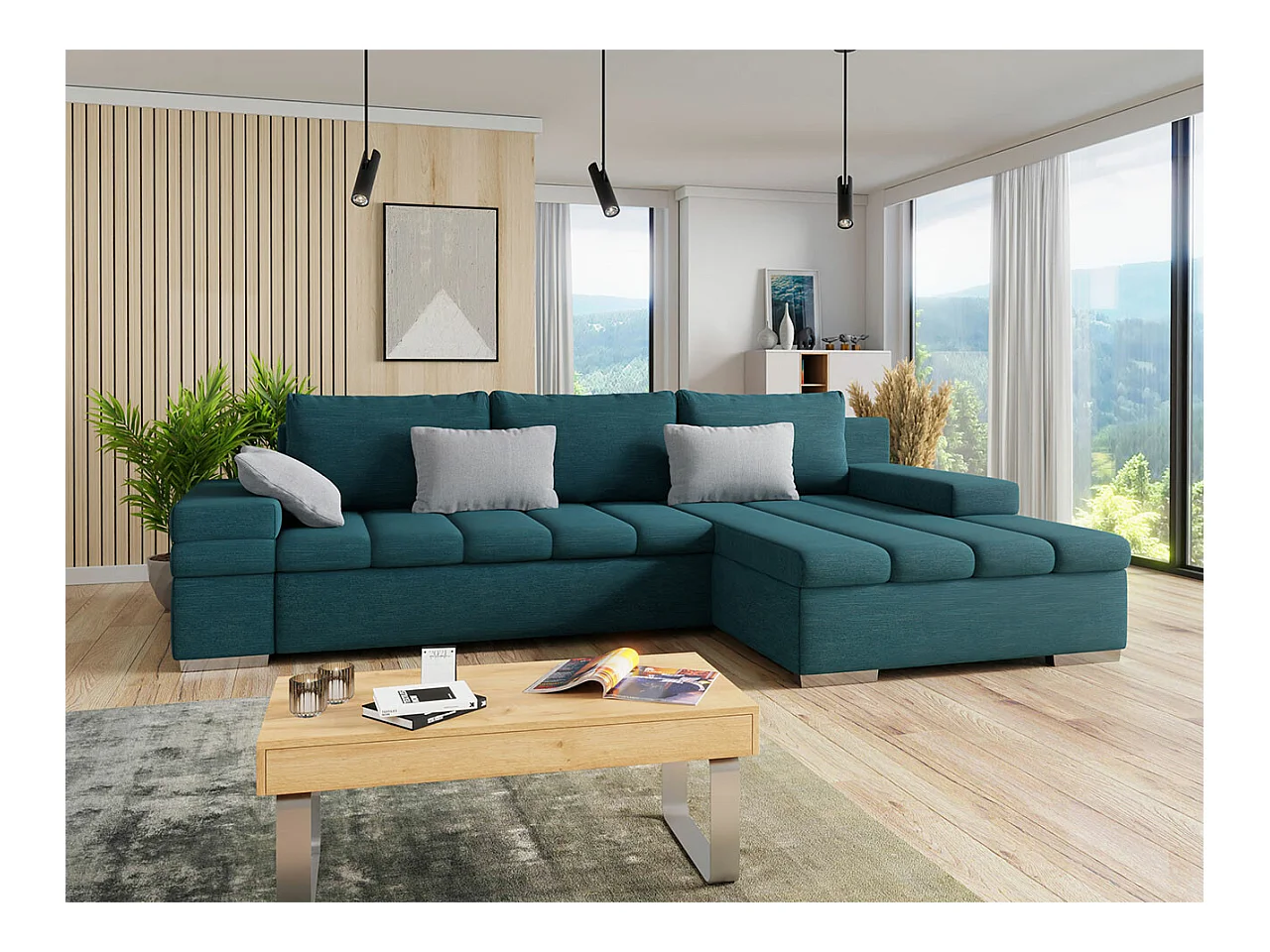 Canapé d'angle Comfivo 169, Turquoise, Fonction de couchage, Boîte de literie, 310x175cm
